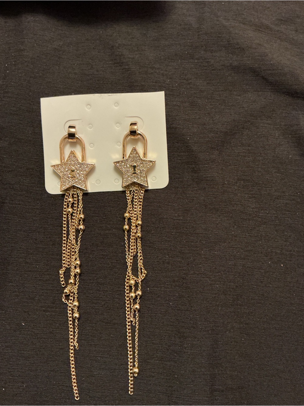 Gold Star Drop Chain Earrings with Crystals - Women Jewelry